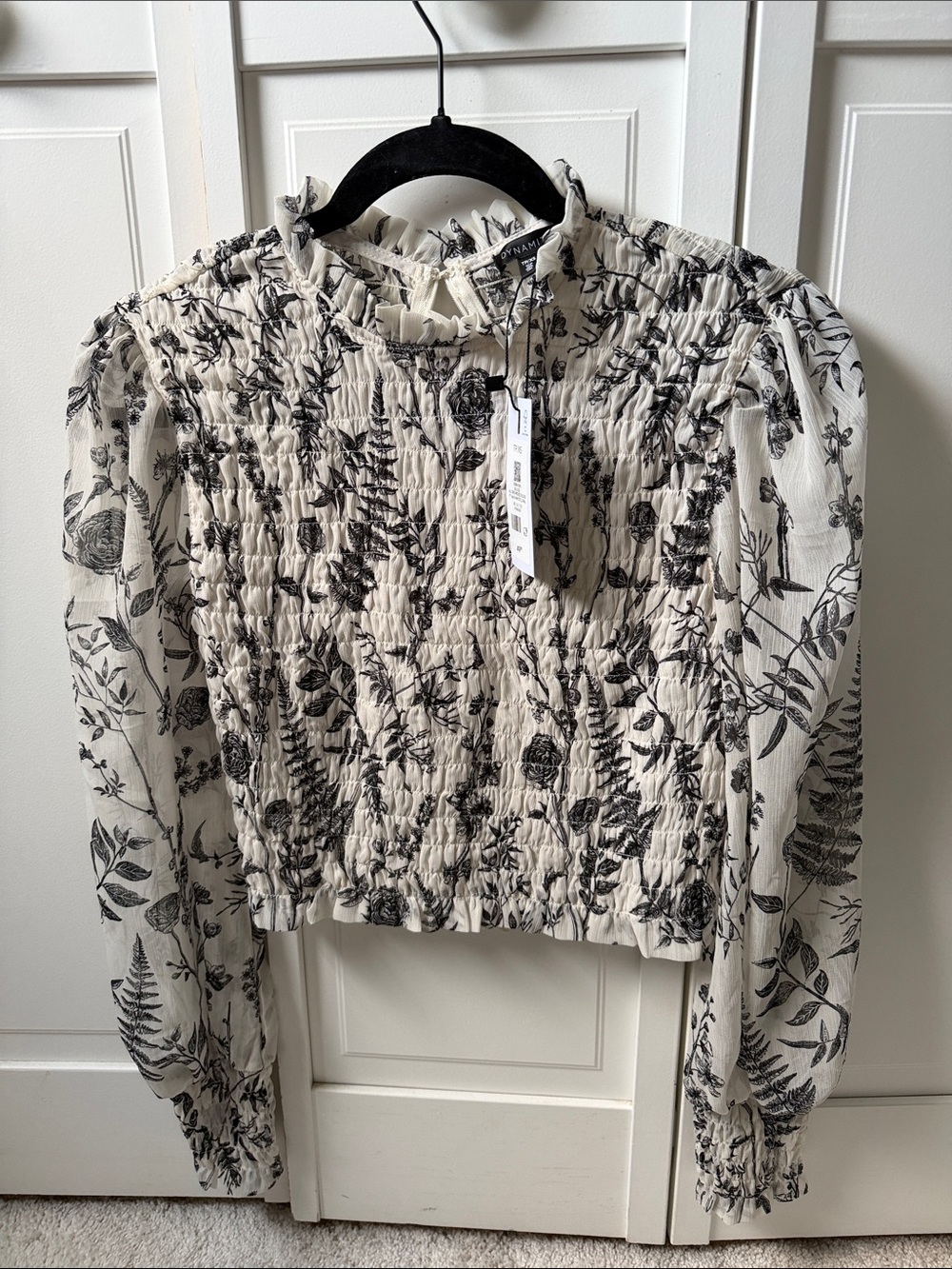 Dynamite Smocked Floral Puff-Sleeve Blouse - Black on Cream